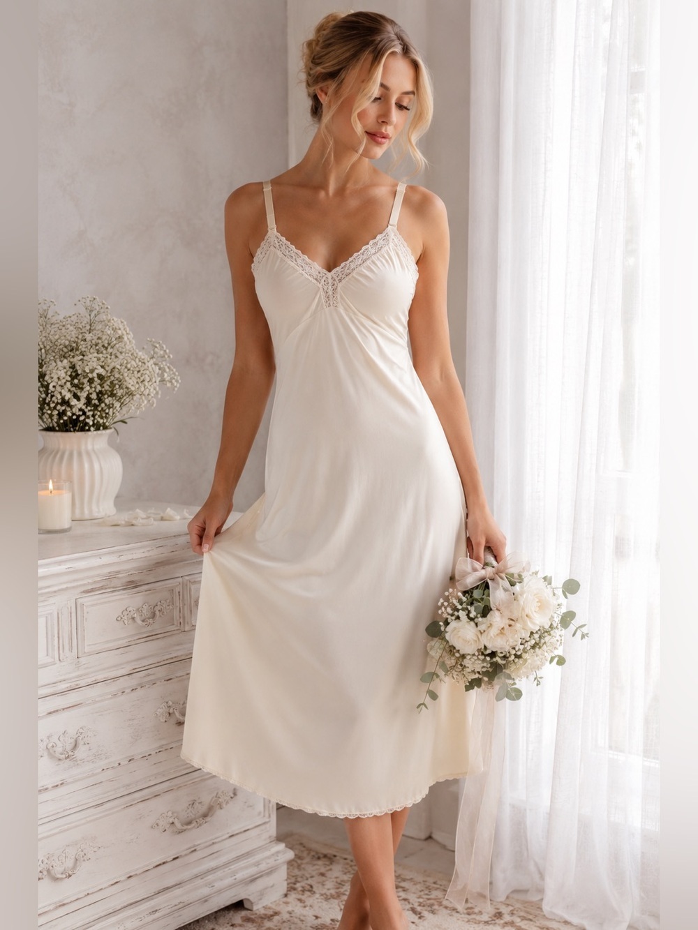 Vintage Shadowline Ivory Lace Full Slip Dress Bridal Lingerie 36 Cottagecore